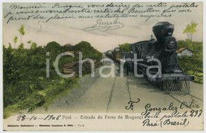 1906 PARÁ (BRAZIL) Estrada de Ferro de Bragança - ANIMATED postcard train Cartolina postale d'epoca, stampata in cromolitografia, viaggiata.CONDIZIONI: GFORMATO: FP    originale e autentica 1