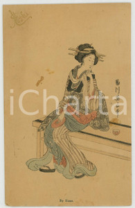 1910 ca JAPAN UKIYO-E Artist Kikukawa EIZAN - Woman seated - MENU card  Menu in forma di biglietto, non compilato, illustrato.CONDIZIONI: FAIR (lievi macchie)FORMATO: 14x9 cm    originale e autentica 1