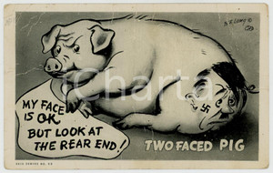 1940 ca WW2 - PROPAGANDA Two faced pig - Adolf HITLER Illustrated postcard FP NV  Cartolina postale, non viaggiata. VERY POOR/gravemente danneggiato Piegature e gualciture diffuse Formato: FP originale e autentica 1