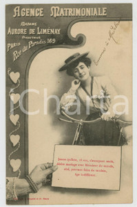 1903 PARIS Agence matrimoniale Aurore de LIMENAY - Carte postale jeune cycliste  Cartolina pubblicitaria, originale d'epoca, viaggiata. GOOD/buono  Formato: 14x9 cm originale e autentica 1