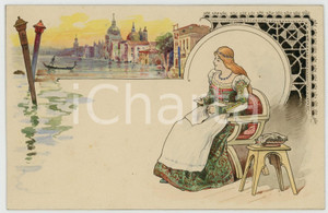 1910 ca LES DENTELLES - VENEZIA - Bozzetto cartolina DIPINTO A MANO  Bozzetto originale per cartolina postale d'epoca, su cartoncino rigido, disegnato e acquerellato a mano.La serie pubblicizzava il "Chocolat Lombart".Al verso &egrave; applicato su carta il marchio dell'editore: "Gouweloos Fr&egrave;re et Soeur - Bruxelles". GOOD/buono  Formato: 14x9 cm originale e autentica 1