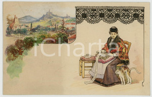 1910 ca LES DENTELLES Le-Puy-en-Velay - Bozzetto cartolina DIPINTO A MANO  Bozzetto originale per cartolina postale d'epoca, su cartoncino rigido, disegnato e acquerellato a mano.La serie pubblicizzava il "Chocolat Lombart".Al verso &egrave; applicato su carta il marchio dell'editore: "Gouweloos Fr&egrave;re et Soeur - Bruxelles". GOOD/buono  Formato: 14x9 cm originale e autentica 1