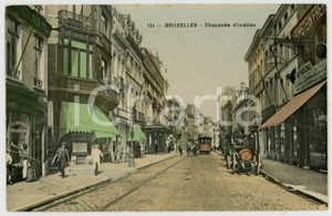 1910 BRUXELLES Chaussée d'IXELLES - CPA Carte postale ANIMEE Cartolina postale, originale d'epoca, viaggiata.Timbro pubblicitario "Bruxelles Exposition". FAIR/discreto piccola impressione di inchiostro al verso; lievi ingiallimenti marginali Formato: 14x9 cm originale e autentica 1