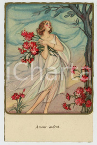 1910 ca ART DECO Amour ardent - Donna con fiori - ill. CHIOSTRI - Cartolina  Cartolina postale d'epoca, non viaggiata.CONDIZIONI: GFORMATO: FP    originale e autentica 1
