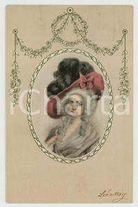 1905 ca MODA Donna con cappello di piume *Cartolina con inserto in stoffa Cartolina postale d'epoca, con inserto in stoffa nel medaglione centrale, viaggiata.  GOOD/buono  Formato: 9x14 cm originale e autentica 1