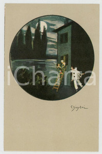 1920 ca ART DECO Pierrot scopre Arlecchino alla finestra - ill. CHIOSTRI  Cartolina postale d'epoca, non viaggiata.CONDIZIONI: GFORMATO: FP    originale e autentica 1