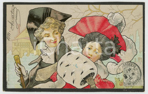 1905 Artist E. BOTTARO - Couple - Woman with hand muff - ILLUSTRATED postcard Cartolina postale d'epoca, viaggiata. GOOD/buono  Formato: 14x9 cm originale e autentica 1