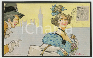 1905 Artist E. BOTTARO - Couple - Woman with luggage - ILLUSTRATED postcard Cartolina postale d'epoca, viaggiata. GOOD/buono  Formato: 14x9 cm originale e autentica 1
