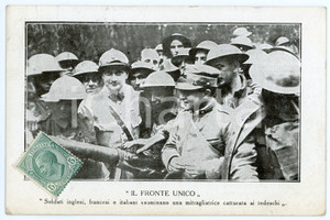 1919 WW1 FRONTE UNICO Soldati inglesi, francesi e italiani con mitragliatrice FP  Cartolina d'epoca, viaggiata. CONDIZIONI: FAIR (lievi smussature agli angoli)FORMATO: FP    originale e autentica 1