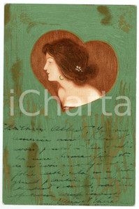 1900 ART NOUVEAU Raphael KIRCHNER - Lady (1) Golden postcard ERIKA  Cartolina postale d'epoca, opera dell'artista e illustratore Raphael Kirchner, viaggiata.CONDIZIONI: GFORMATO: FP    originale e autentica 1