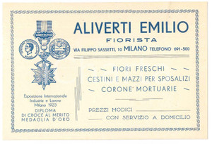 1923 MILANO via Sassetti - Fiorista ALIVERTI Emilio *Biglietto pubblicitario Biglietto pubblicitario d'epoca. CONDIZIONI:GOOD/buonoFORMATO: 13x11 cm originale e autentica 1