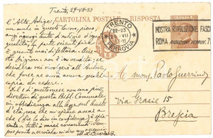 1933 TRENTO Lamberto CESARINI SFORZA su libri toponomastica *Cartolina AUTOGRAFO Cartolina postale d'epoca, interamente autografa, inviata dallo studioso a mons. Paolo Guerrini.Scritta su entrambe le facciate, viaggiata. GOOD/buono  Formato: 14x9 cm originale e autentica 1