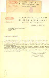 1949 FIRENZE Palazzo Strozzi - Lettera Carlo Ludovico RAGGHIANTI - AUTOGRAFO Lettera dattiloscritta, con firma autografa di Carlo L. Ragghianti, che allega una lettera dattiloscritta a Mario Salmi relativa alle vicende dell'Istituto di Studi sul Rinascimento.Carta intestata e busta viaggiata.PAGINE: 1 + 3 (dattiloscritto) FAIR/discreto piegature d'epoca; tracce di ruggine al lato inferiore  originale e autentica 1