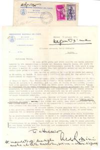 1953 MILANO Lettera Aldo ROSSINI - Associazione Nazionale del Fante *AUTOGRAFO Lettera a stampa con inserto e firma autografa del politico, in favore di un generale amico.Intestata e viaggiata.PAGINE: 1 + 1 (bozza) + 3 FAIR/discreto piegature d'epoca  originale e autentica 1