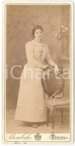Fotografia d epoca originale 1880 ca TORINO Ritratto di donna in abito bianco  Foto SCHEMBOCHE 10x21 cm 1