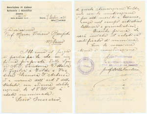 1930 GENOVA Lettera Antonio DELLA VECCHIA - Associazione Cultura Letteraria Lettera interamente manoscritta del prof. Antonio Della Vecchia, segretario generale dell'Associazione di Cultura Letteraria e Scientifica di Genova, per la nomina di un socio.Su carta intestata dell'associazione.CONDIZIONI: P (piegature d'epoca; strappo all'ultima pagina)PAGINE: 4 (2 scritte)     originale e autentica 1
