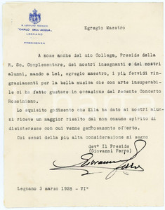 1928 LEGNANO Istituto Tecnico DELL'ACQUA - Giovanni FERRO preside  - AUTOGRAFO Lettera dattiloscritta con firma autografa del preside dell'Istituto Tecnico "Carlo Dell'Acqua" di Legnano.Su carta intestata. CONDIZIONI: F (piegature d'epoca; residui cartacei al verso)PAGINE: 4 (1 scritta)    originale e autentica 1