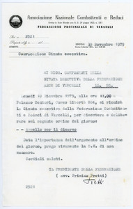 1979 ANCR VERCELLI Lettera Primino PRETTI presidente - AUTOGRAFO Lettera dattiloscritta, con firma autografa.Su carta intestata dell'Associazione Nazionale Combattenti e Reduci.CONDIZIONI: GPAGINE: 1     originale e autentica 1