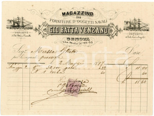 1887 GENOVA Gio Batta VENZANO Forniture d'oggetti navali - Fattura Fattura commerciale d'epoca, su carta intestata, manoscritta, illustrata. CONDIZIONI: FAIR (piegature d'epoca, lievi bruniture)PAGINE: 1    originale e autentica 1