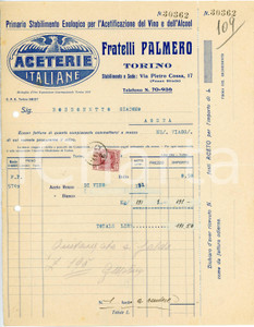 1930 TORINO Fratelli PALMERO Aceterie italiane - Fattura per aceto Fattura commerciale d'epoca, su carta intestata, dattiloscritta. CONDIZIONI: POOR (piegature d'epoca e fori da classificatore al margine sinistro)PAGINE: 1    originale e autentica 1