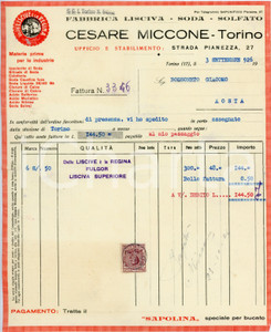 1926 TORINO Ditta Cesare MICCONE Fabbrica lisciva FULGOR Fattura Fattura commerciale d'epoca, su carta intestata, manoscritta, illustrata. CONDIZIONI: FAIR (piegature d'epoca)PAGINE: 1    originale e autentica 1
