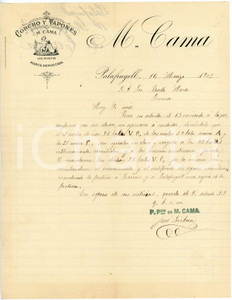 1907 PALAFRUGELL (ES) M. CAMA Corcho y tapones -  Carta con membrete Lettera commerciale d'epoca, manoscritta, su carta intestata.CONDIZIONI: F (piegature d'epoca).PAGINE: 1    originale e autentica 1