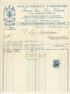 1924 TORINO - ASSAUTO, NASI, BELTRUTTI - Bolloneria Torinese *Fattura Fattura commerciale d'epoca, manoscritta, su carta intestata.Torino - via Artisti 19.Presente marca da bollo.PAGINE: 1 FAIR/discreto piegature d'epoca originale e autentica 1 1924 TORINO - ASSAUTO, NASI, BELTRUTTI - Bolloneria Torinese *Fattura Fattura commerciale d'epoca, manoscritta, su carta intestata.Torino - via Artisti 19.Presente marca da bollo.PAGINE: 1 FAIR/discreto piegature d'epoca originale e autentica 1