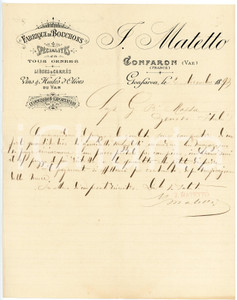 1893 GONFARON (VAR)  - J. MATETTO - Fabrique de Bouchons - Lettre d'affaires Lettera commerciale d'epoca, manoscritta, su carta intestata.CONDIZIONI: F (piegature d'epoca)PAGINE: 1    originale e autentica 1