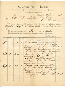 1894 TORTOLÌ (NU) Salvatore SULIS - Spedizioni e commissioni di dogana - Fattura Fattura commerciale d'epoca, manoscritta, su carta intestata.CONDIZIONI: F (piegature d'epoca)PAGINE: 1    originale e autentica 1