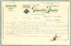 1946 TORINO - Giacomo FRESIA - Stabilimento vinicolo - Lettera commerciale Lettera commerciale d'epoca, dattiloscritta, su carta intestata.Torino - via Valprato, 42CONDIZIONI: F (piegature d'epoca e piccoli fori all'angolo superiore sinistro)PAGINE: 1    originale e autentica 1