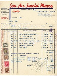 1940 PAVIA - Società Anonima Marco SACCHI - Drogheria *Fattura commerciale Fattura commerciale d'epoca, dattiloscritta, su carta intestata.Pavia - Viale Isola di MaltaPresenti marche da bollo.CONDIZIONI: F (piegature d'epoca)PAGINE: 1    originale e autentica 1