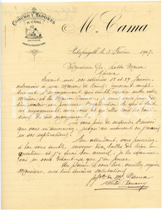 1907 PALAFRUGELL (ESPAÑA) M. CAMA Corcho y tapones -  Letterhead Lettera commerciale d'epoca, manoscritta, su carta intestata.CONDIZIONI: F (piegature d'epoca).PAGINE: 1    originale e autentica 1