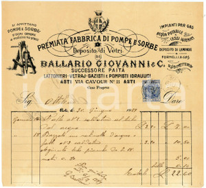 1929 ASTI - Giovanni BALLARIO - Lattoniere, vetraio - Fattura intestata Fattura commerciale d'epoca, su carta intestata, manoscritta.Asti - via Cavour 11.Presente marca da bollo.CONDIZIONI: F (piegature d'epoca, piccole macchie al lato inferiore)PAGINE: 1    originale e autentica 1