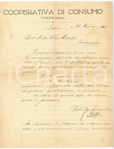 1920 MARONE (BS) - Cooperativa di Consumo - Lettera intestata Lettera commerciale d'epoca, manoscritta, su carta intestata.Marone (Brescia)CONDIZIONI: P (piegature d'epoca, lieve ingiallimento centrale con piccole fioriture, piccolo strappo sul lato destro in corrispondenza della linea di piegatura)PAGINE: 1    originale e autentica 1