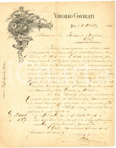 1890 MILANO - Virgilio GAVIRATI - Forniture militari - Lettera commerciale Lettera commerciale d'epoca, manoscritta, su carta intestata illustrata.Milano - via Giuseppe Giusti n. 24CONDIZIONI: F (piegature d'epoca, ingiallimento)PAGINE: 1    originale e autentica 1