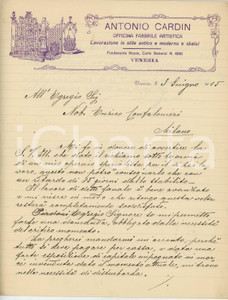 1915 VENEZIA - Antonio CARDIN - Officina fabbrile artistica *Lettera commerciale Lettera commerciale d'epoca, manoscritta, su carta intestata.Venezia - Fondamente Nuove, Corte Semenzi n. 6280CONDIZIONI: F (piegature d'epoca, con piccolo strappo in corrispondenza della piegatura centrale)PAGINE: 4 facciate (2 scritte)    originale e autentica 1