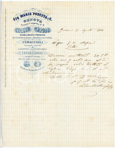1884 GENOVA - Gio Maria Podestà - Fabbrica di turaccioli *Lettera commerciale Lettera commerciale d'epoca, manoscritta, su carta intestata.Genova - Piazza Campetto n. 8CONDIZIONI: F (piegature d'epoca e piccole macchie)PAGINE: 1    originale e autentica 1