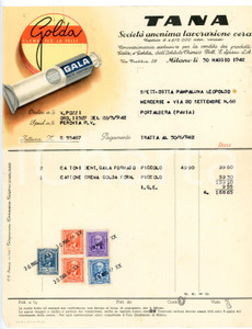 1942 MILANO - Società Anonima TANA - Lavorazione cera *Fattura commerciale Fattura commerciale d'epoca, dattiloscritta, su carta intestata, illustrata.Milano - via Trebbia 26.Presenti marche da bollo.CONDIZIONI: F (piegature d'epoca, una macchia sul lato destro e al verso segno di ruggine da graffetta)PAGINE: 1    originale e autentica 1