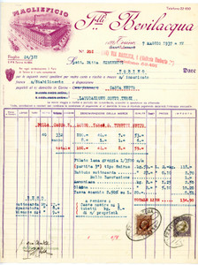 1937 TORINO - F.lli BEVILACQUA - Maglificio - Fattura Fattura commerciale d'epoca, dattiloscritta, su carta intestata illustrata.Torino - via Basilica, 1Presenti marche da bollo.CONDIZIONI: P (piegature d'epoca, increspatura della carta al lato inferiore)PAGINE: 1    originale e autentica 1
