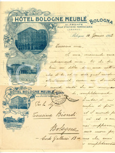 1912 BOLOGNA - HÔTEL BOLOGNE MEUBLÉ - Lettera su carta intestata Lettera d'epoca, manoscritta, di contenuto personale, su carta intestata illustrata.Busta intestata, illustrata e viaggiata.CONDIZIONI: F (piegature d'epoca)PAGINE: 2 (4 facciate scritte)    originale e autentica 1