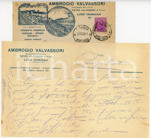 1928 LUGO (RA) - Ambrogio VALVASSORI - Fabbrica di cordami e spaghi *Lettera Lettera commerciale d'epoca, manoscritta, su carta intestata.Busta intestata, illustrata e viaggiata.CONDIZIONI: F (piegature d'epoca e lievi macchie agli angoli inferiori. Busta con lievi fioriture)PAGINE: 1    originale e autentica 1