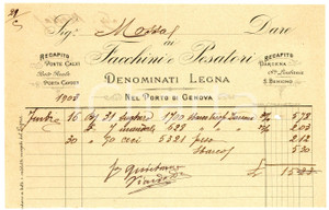 1903 GENOVA - FACCHINI e PESATORI - Denominati legna - Fattura Fattura commerciale d'epoca, manoscritta, su carta intestata.Porto di GenovaCONDIZIONI: F (piegature d'epoca e piccolo foro al lato destro)PAGINE: 1    originale e autentica 1