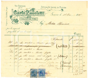 1916 GENOVA - Carlo ZANOLETTI - Calzature fine - Fattura Fattura commerciale d'epoca, manoscritta, su carta intestata.Genova - via Soziglia n. 77Presenti marche da bollo.CONDIZIONI: P (piegature d'epoca, lievi mancanze al lato inferiore, piccolo strappo al lato destro e piccoli fori nella parte centrale)    originale e autentica 1