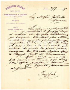 1890 LODI - Carlo PEROZZI - Fabbricatore di turaccioli - Lettera commerciale Lettera commerciale d'epoca, manoscritta, su carta intestata.Lodi - corso Roma, 38CONDIZIONI: F (piegature d'epoca e piccole macchie)PAGINE: 1    originale e autentica 1