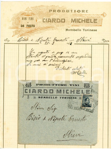 1913 MOMBELLO TORINESE - Michele CIARDO - Produttore vini - Lettera commerciale Lettera commerciale d'epoca, manoscritta, su carta intestata.Busta intestata e viaggiata.CONDIZIONI: F (piegature d'epoca)PAGINE: 1    originale e autentica 1