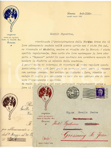 1930 GENOVA - RAGAZZE Rivista per signorine - Sollecito pagamento abbonamento Letteta commerciale d'epoca, su carta intestata, dattiloscritta, illustrata. Con busta e bollettino per il pagamento.CONDIZIONI: FAIR (piegature d'epoca, lieve strappo al margine destro in corrispondenza della piegature orizzontale)PAGINE: 1    originale e autentica 1