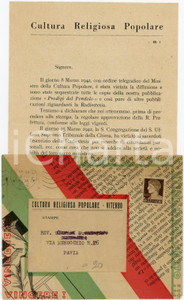 1942 VITERBO Cultura Religiosa Popolare RADIESTESIA Acquisto buste di guerra Lettera d'epoca, su carta intestata, relativa alla vendita di buste di guerra ricavate dal libro sequestrato "Prodigi del Pendolo".Con busta. CONDIZIONI: FAIR (piegature d'epoca)PAGINE: 1    originale e autentica 1