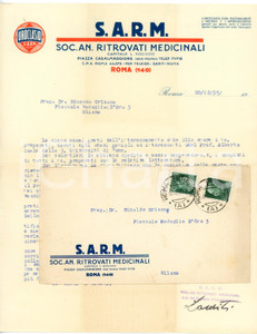 1935 ROMA Uroclasio SARM Spedizione campioni di medicinali - Lettera commerciale Lettera commerciale d'epoca, su carta intestata, dattiloscritta, illustrata. Con busta.CONDIZIONI: FAIR (piegatura d'epoca)PAGINE: 1    originale e autentica 1