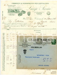 1935 TORINO - Luigi SAVIO - Fabbrica di ferramenta per costruzioni *Fattura Fattura commerciale d'epoca, a stampa con inserti manoscritti, su carta intestata illustrata.Busta intestata e viaggiata.Torino - via Ponza 1Presenti marche da bollo.CONDIZIONI: F (piegature d'epoca, piccoli fori con tracce di ruggine all'angolo superiore sinistro)PAGINE: 1 (2 facciate scritte)    originale e autentica 1