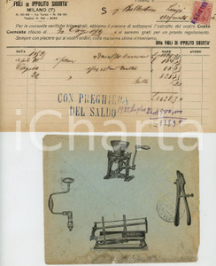 1925 MILANO Ditta Figli di Ippolito SIGURTÀ - Ferramenta - Fattura Fattura commerciale d'epoca, a stampa con inserti manoscritti, su carta intestata.Busta intestata illustrata e viaggiata.Milano - via Torino, 66-68Presente marca da bollo.CONDIZIONI: P (piegature d'epoca, ingiallimento centrasle. Busta con macchie di umidit&agrave; al lato inferiore)PAGINE: 1    originale e autentica 1